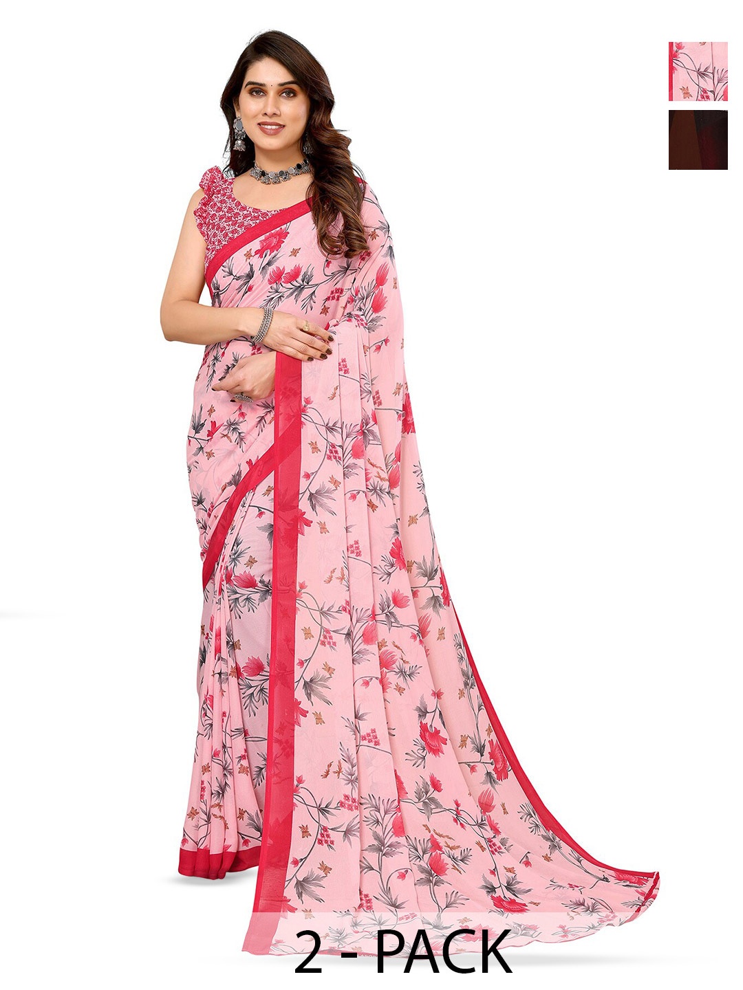 

ANAND SAREES Selection Of 2 Floral Printed Sarees, Pink