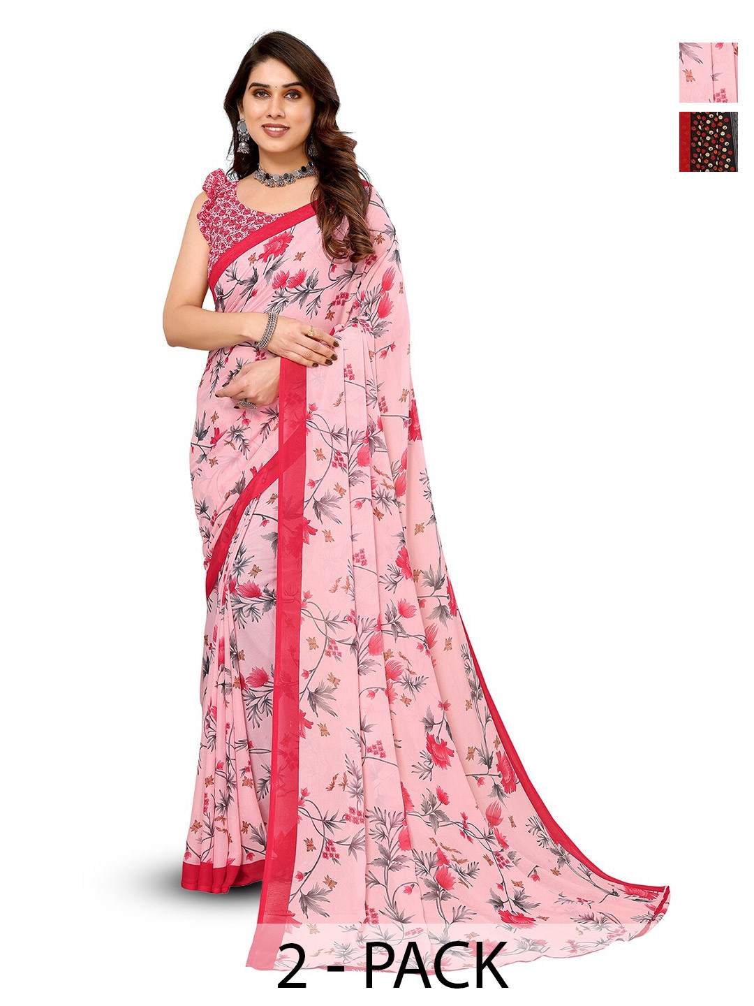 

ANAND SAREES Selection Of 2 Floral Printed Saree, Pink