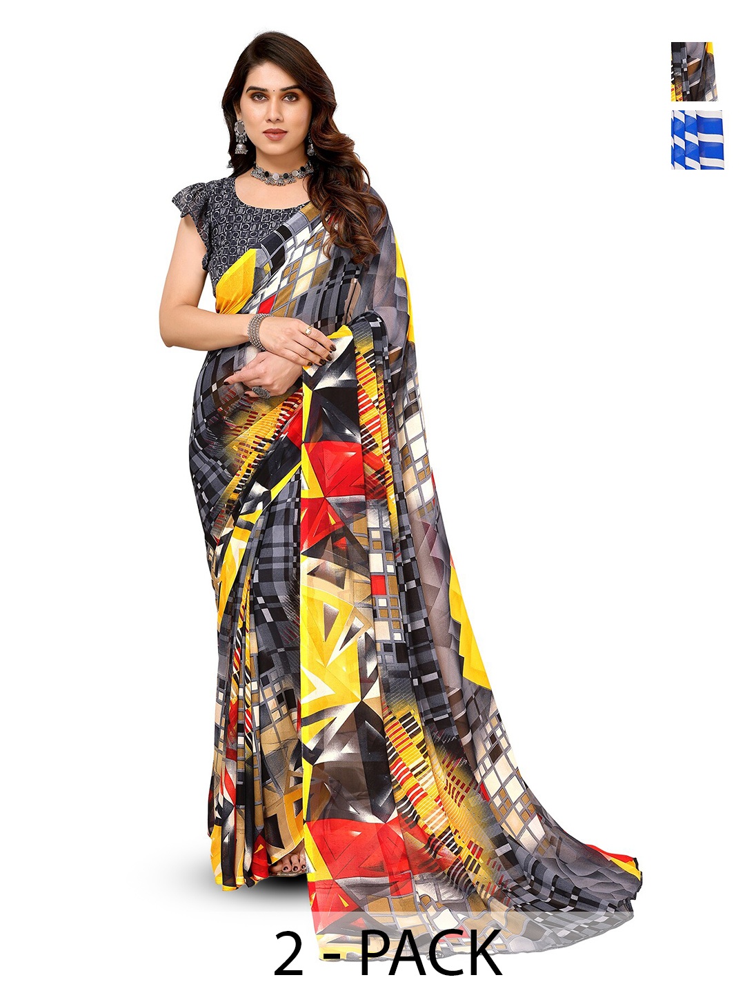 

ANAND SAREES Selection Of 2 Striped Printed Sarees, Grey