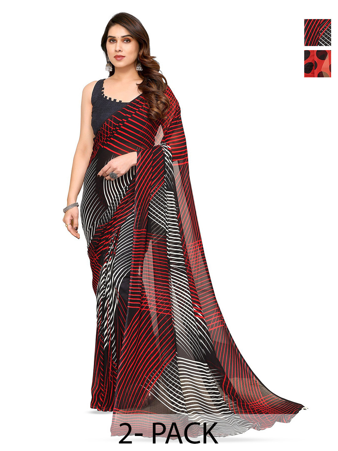 

ANAND SAREES Selection of 2 Polka Dot Printed Saree, Red