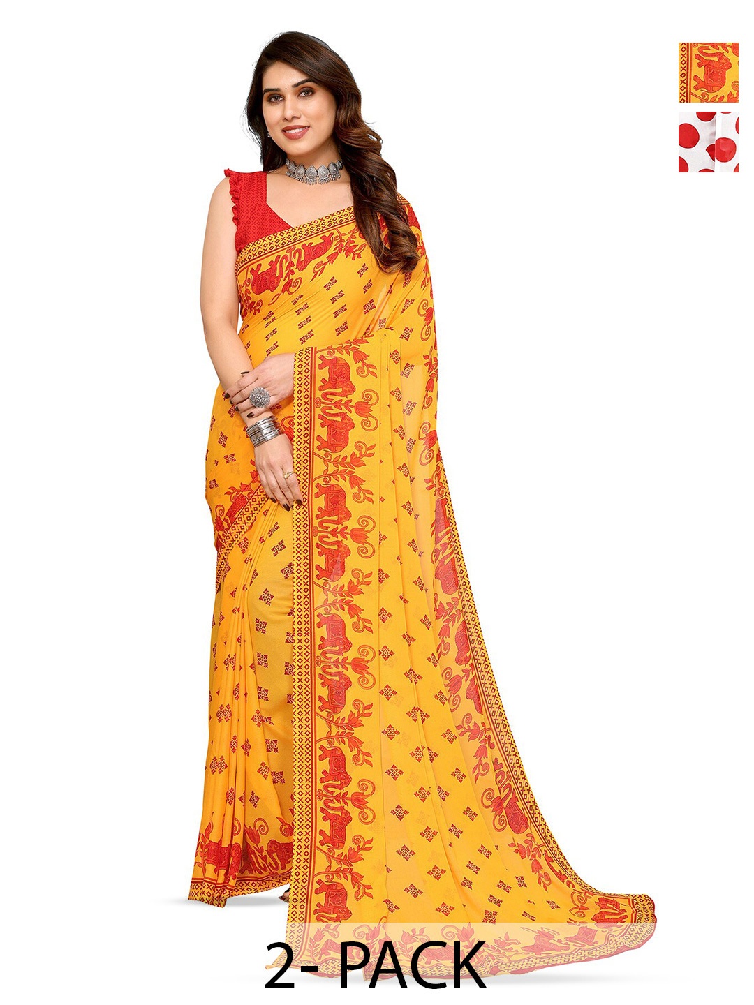 

ANAND SAREES Selection of 2 Polka Dots Printed Saree, Yellow