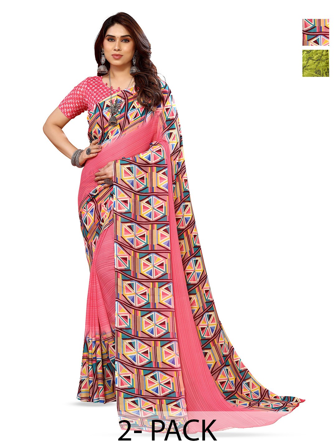 

ANAND SAREES Selection Of 2 Printed Saree, Green