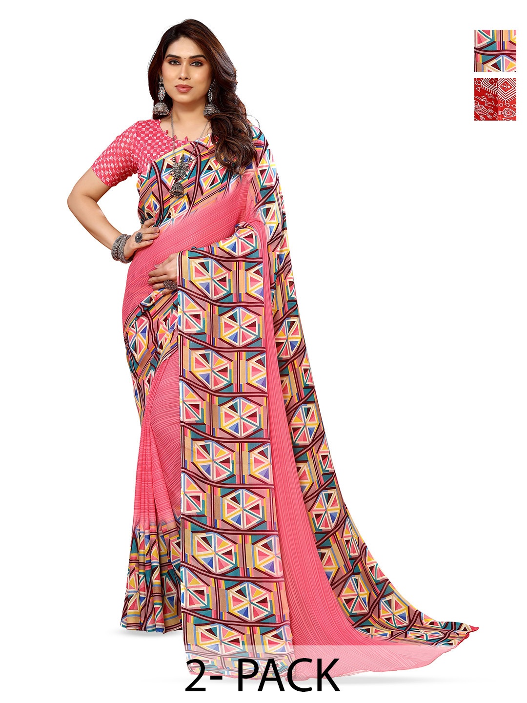 

ANAND SAREES Selection Of 2 Ethnic Motifs Printed Saree, Red