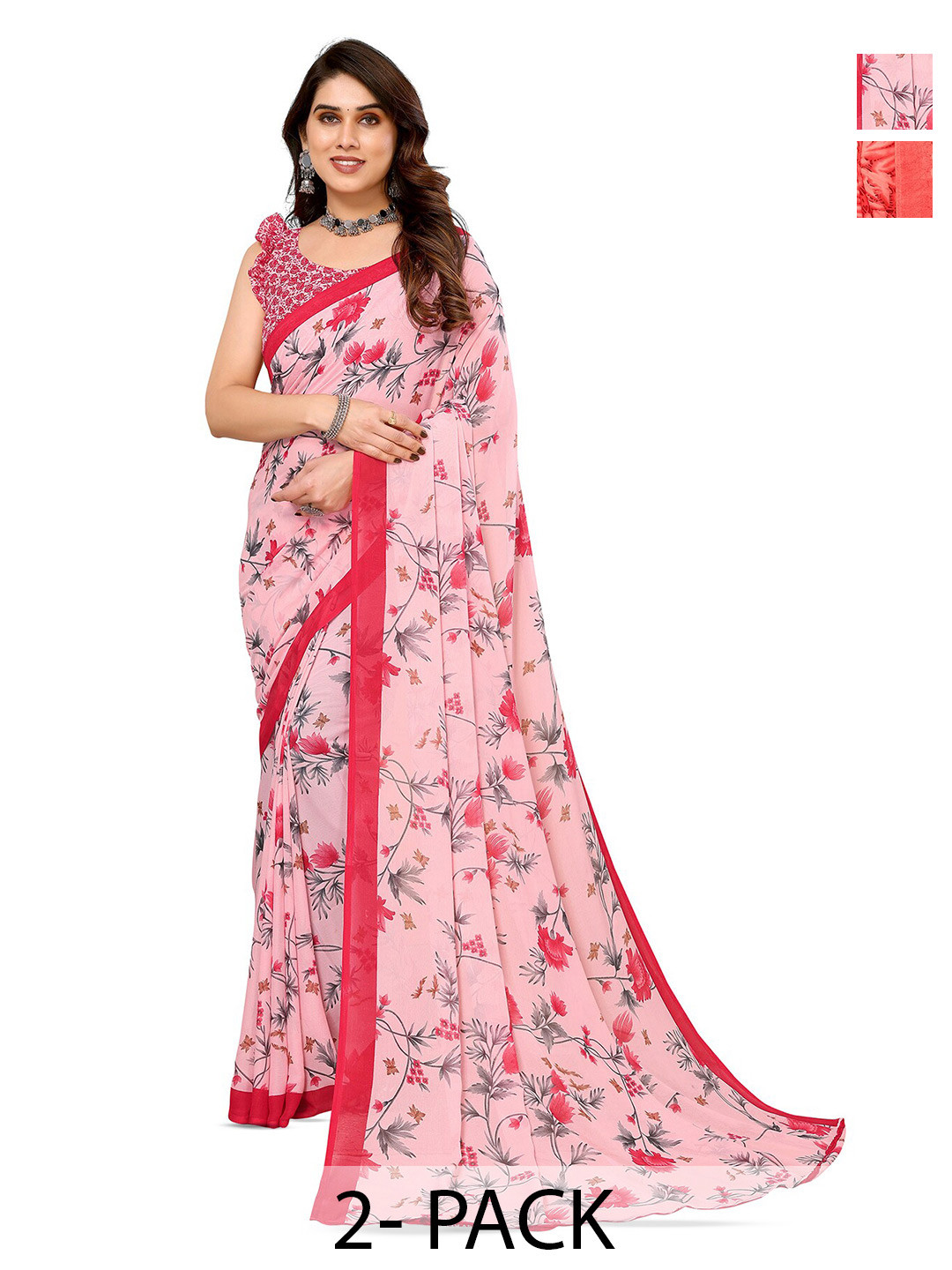 

ANAND SAREES Selection Of 2 Floral Printed Sarees, Pink