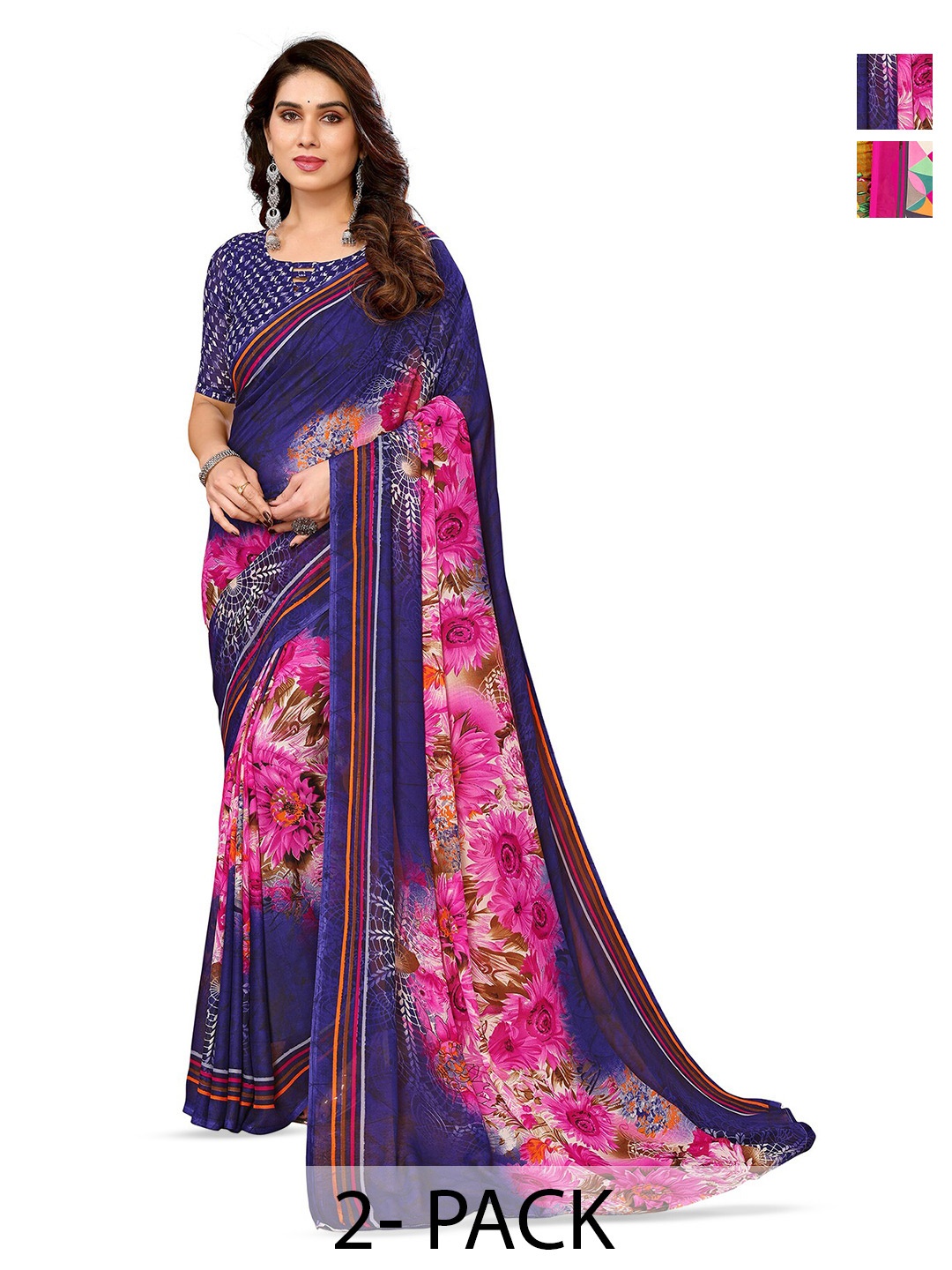 ANAND SAREES Floral Poly Georgette Saree, Navy blue