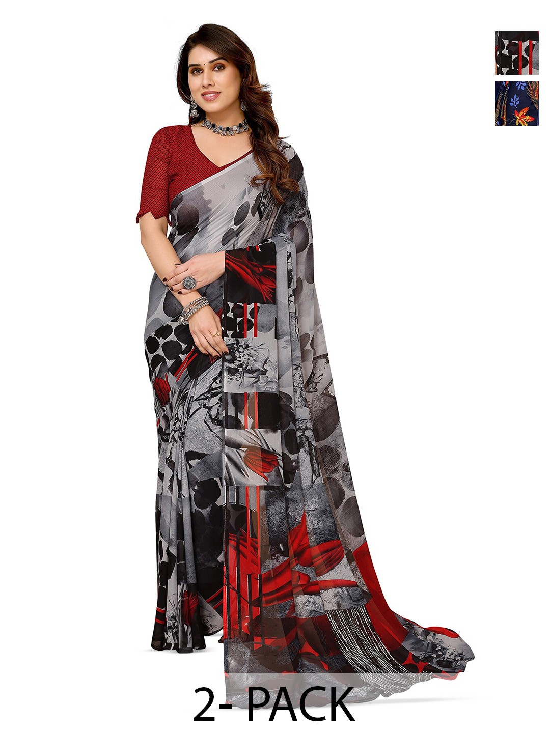 

ANAND SAREES Selection Of 2 Geometric Printed Sarees, Grey