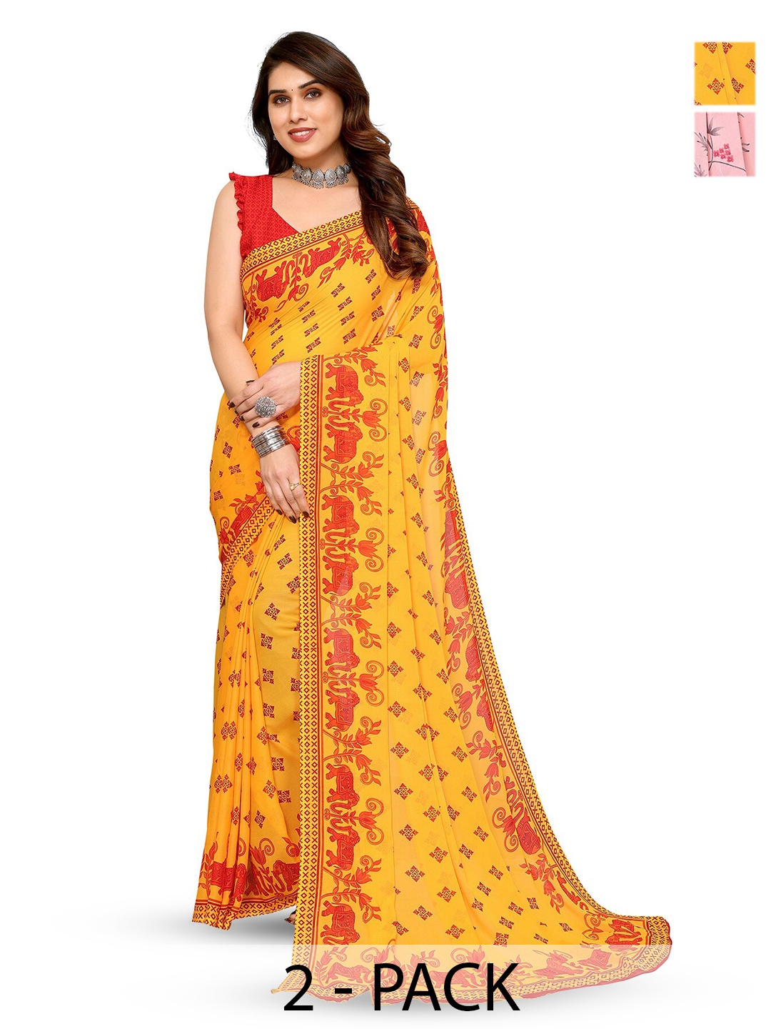 

ANAND SAREES Selection of 2 Floral Printed Sarees, Yellow
