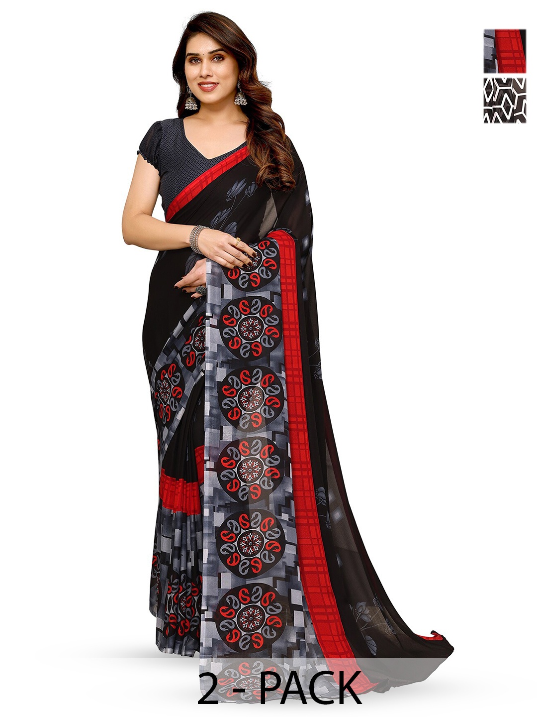 

ANAND SAREES Selection Of 2 Floral Printed Sarees, Black