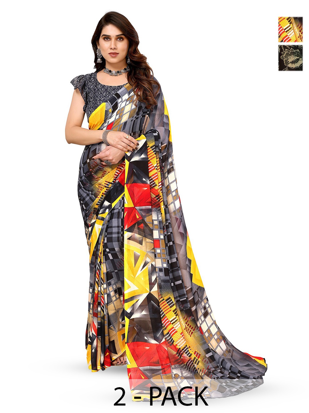 

ANAND SAREES Selection Of 2 Floral Printed Saree, Green