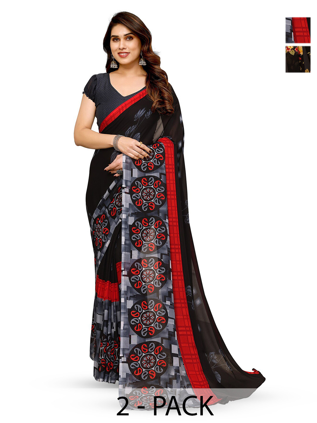 

ANAND SAREES Selection Of 2 Floral Printed Sarees, Black
