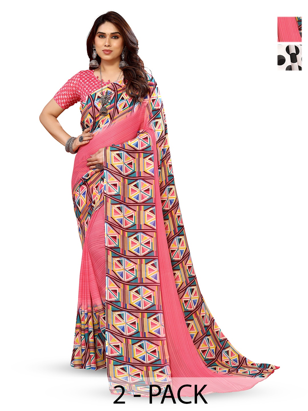 

ANAND SAREES Selection Of 2 Polka Dots Printed Saree, White