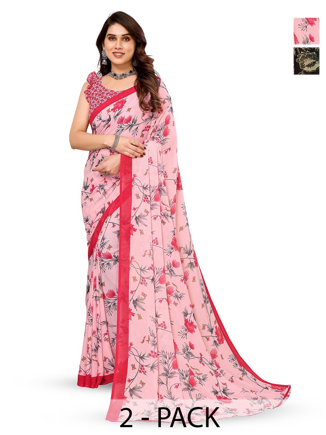 

ANAND SAREES Selection Of 2 Floral Printed Saree, Pink