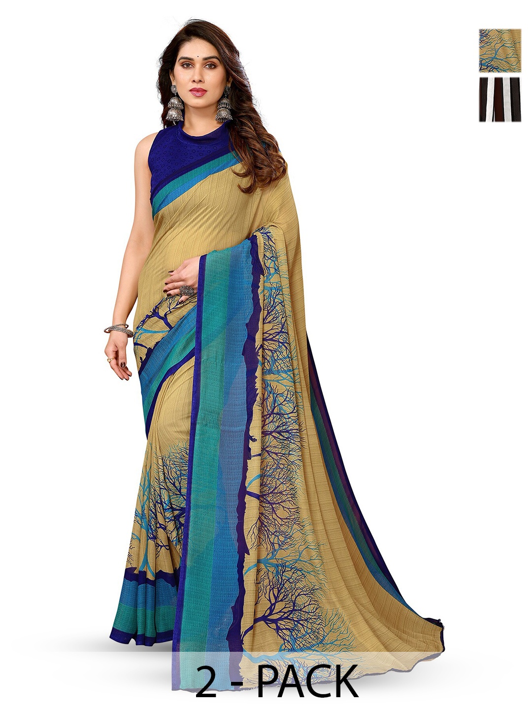 

ANAND SAREES Selection Of 2 Striped Printed Sarees, Black