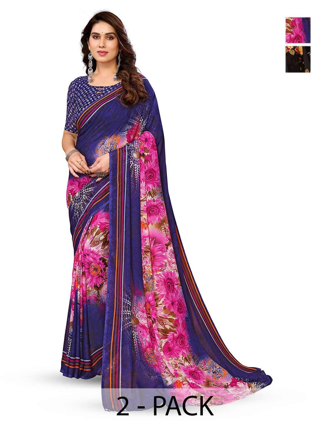 

ANAND SAREES Selection Of 2 Printed Sarees, Black