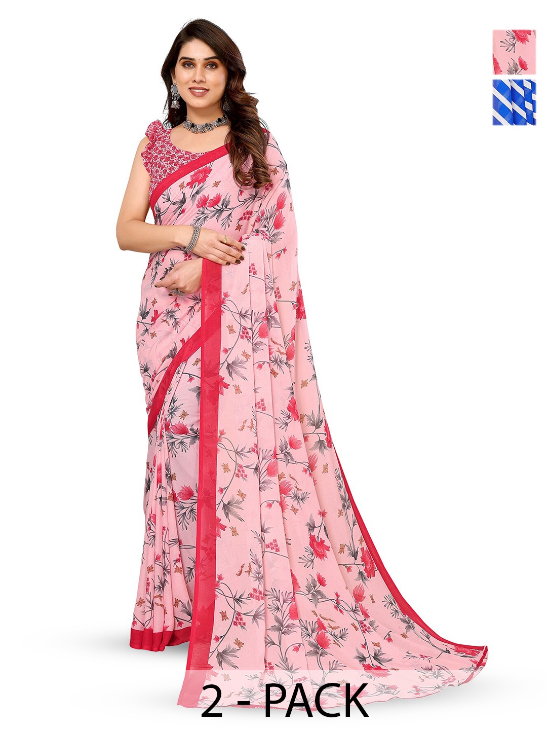 

ANAND SAREES Selection Of 2 Floral Printed Sarees, Pink