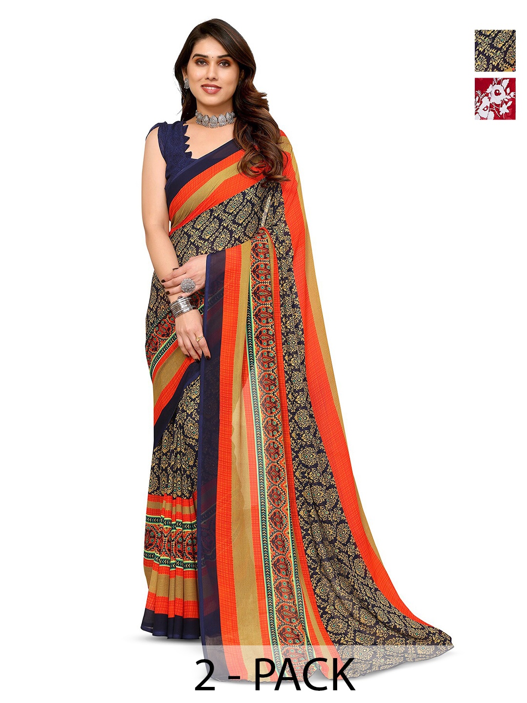 

ANAND SAREES Selection Of 2 Floral Printed Sarees, Red