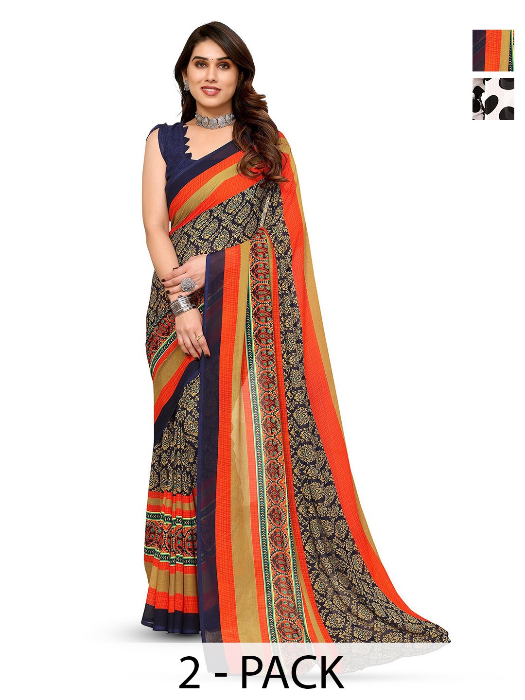 

ANAND SAREES Selection of 2 Polka Dot Printed Sarees, White