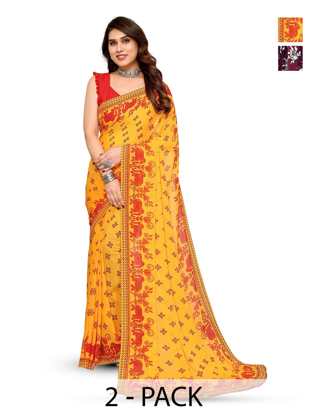 

ANAND SAREES Selection Of 2 Ethnic Motifs Printed Sarees, Yellow