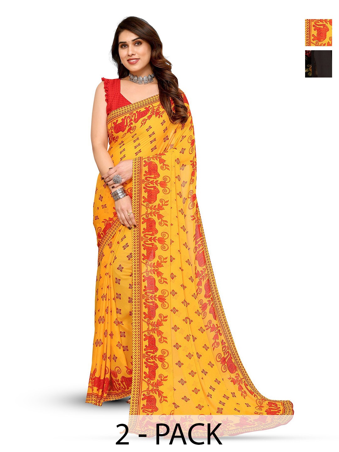 

ANAND SAREES Selection Of 2 Floral Printed Sarees, Black