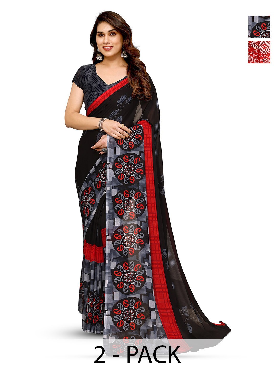 

ANAND SAREES Selection Of 2 Floral Printed Sarees, Red
