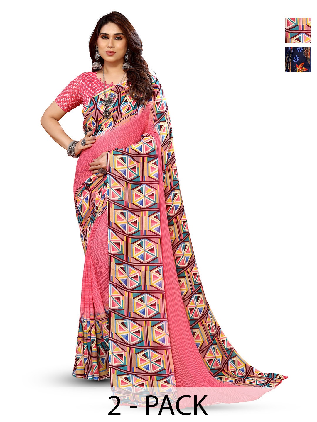 

ANAND SAREES Selection of 2 Floral Printed Saree, Navy blue