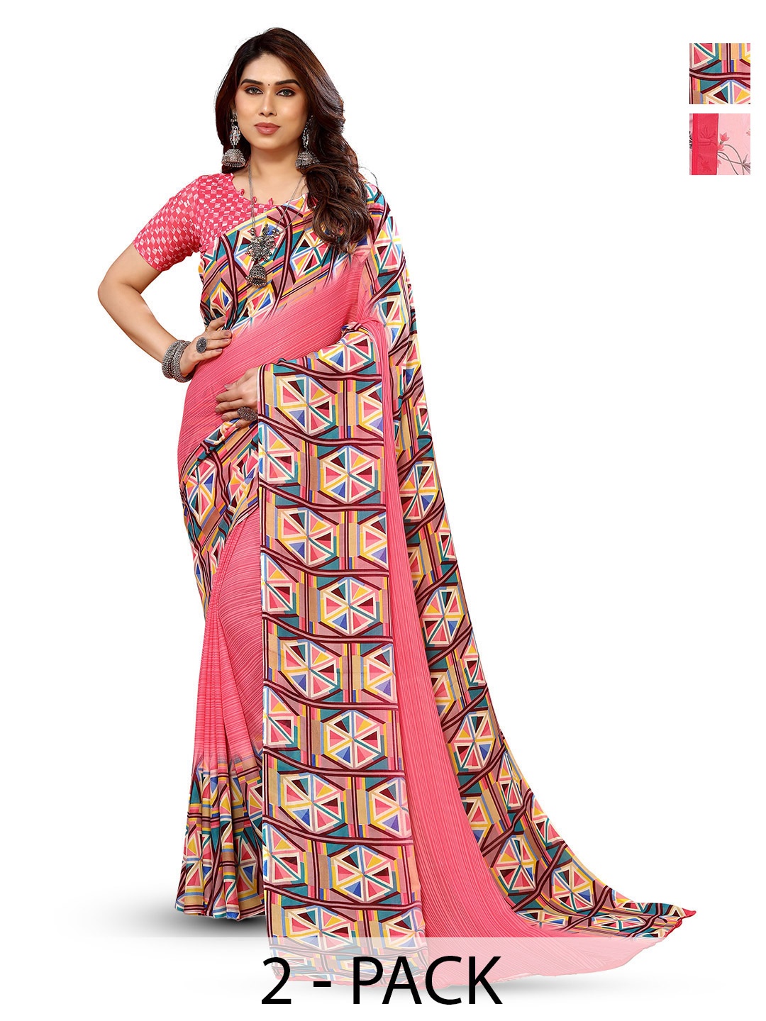 

ANAND SAREES Selection Of 2 Floral Printed Saree, Pink