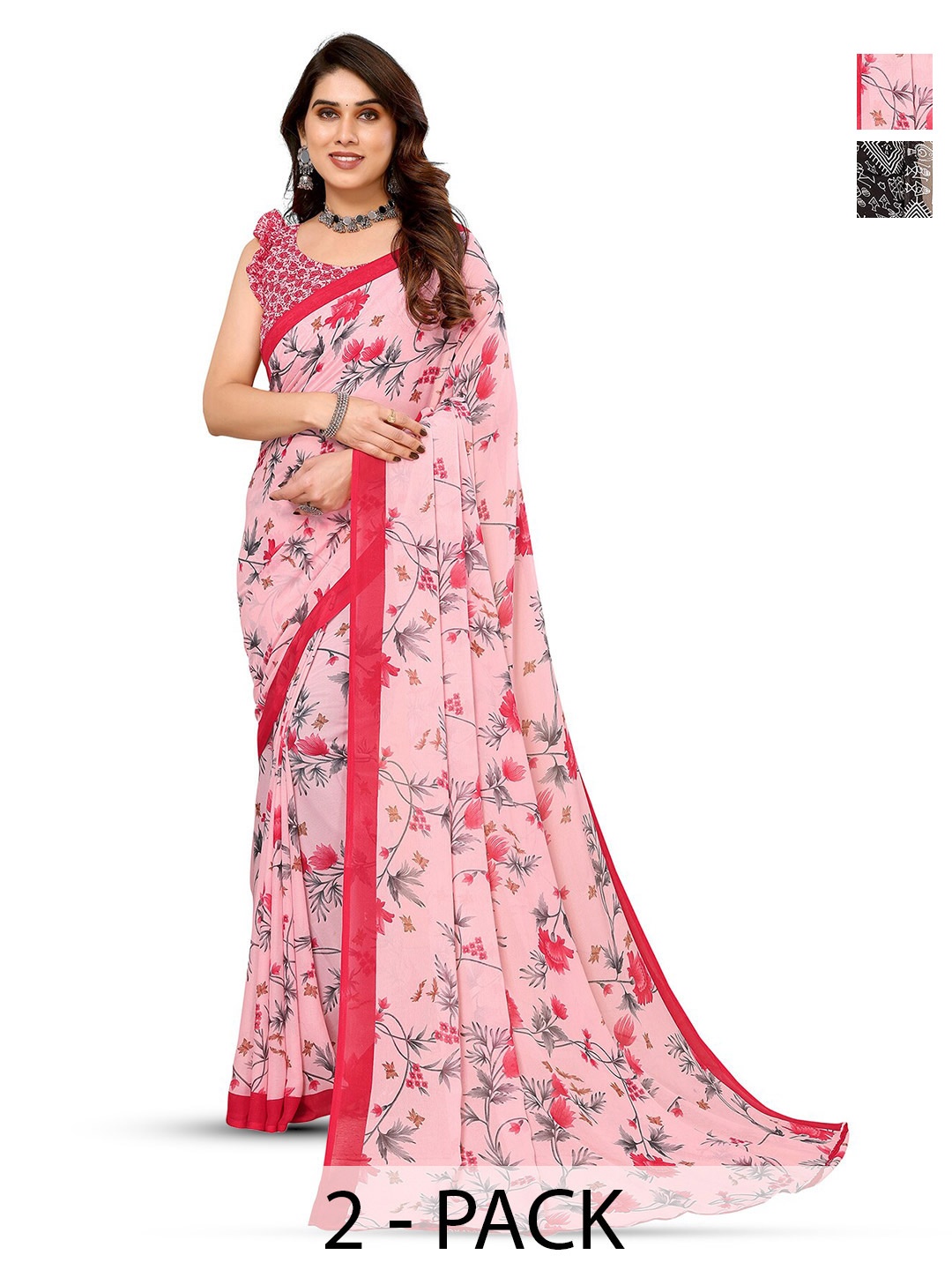 

ANAND SAREES Selection Of 2 Printed Sarees, Black