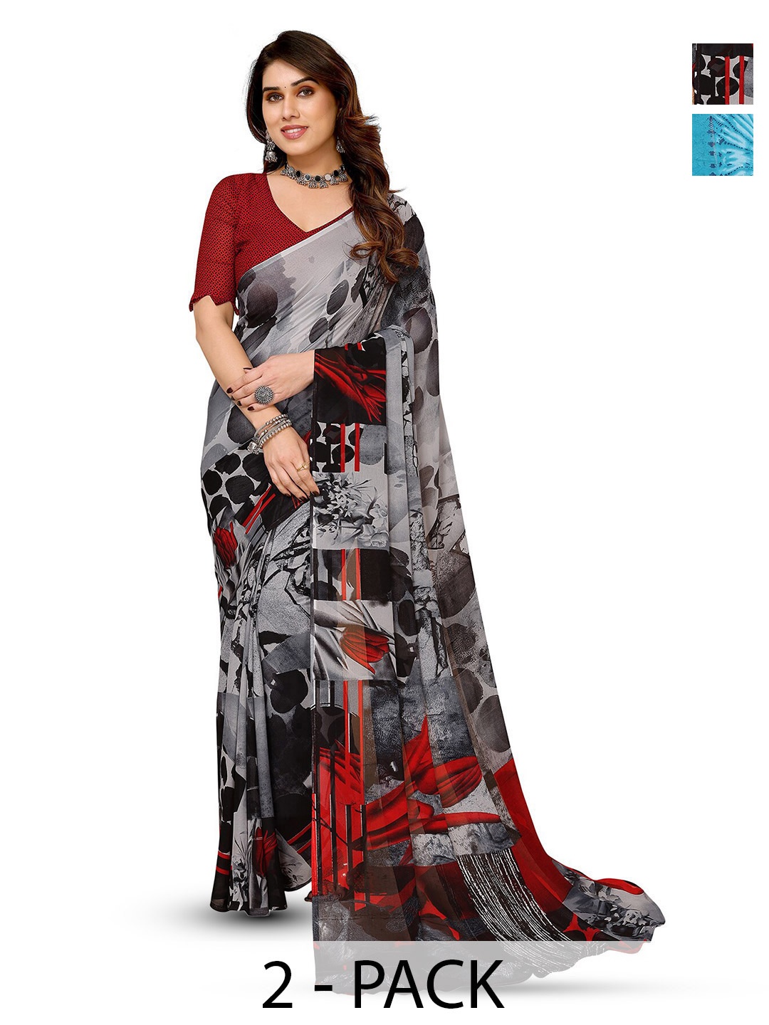 

ANAND SAREES Selection Of 2 Abstract Printed Saree, Grey