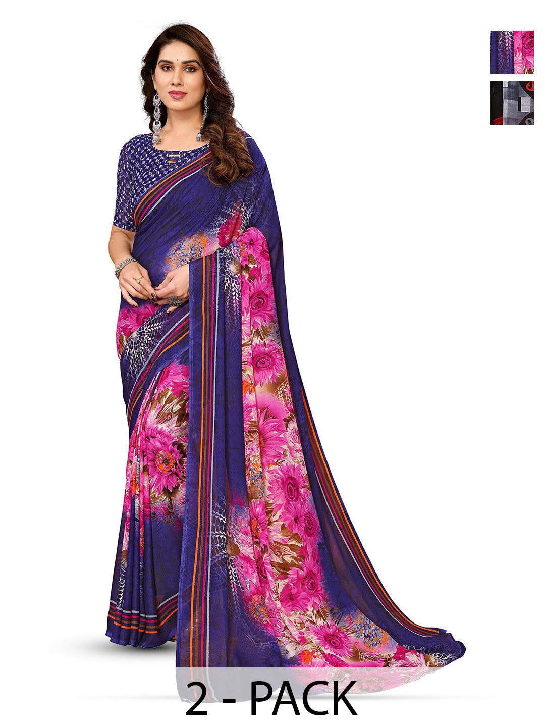 

ANAND SAREES Selection Of 2 Floral Printed Saree, Navy blue