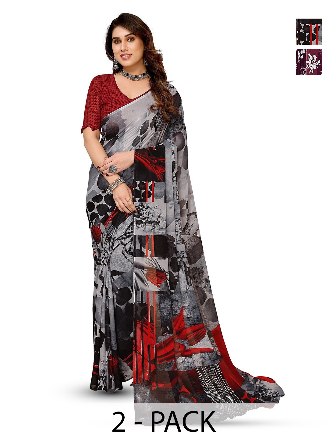 

ANAND SAREES Selection Of 2 Floral Printed Sarees, Bronze