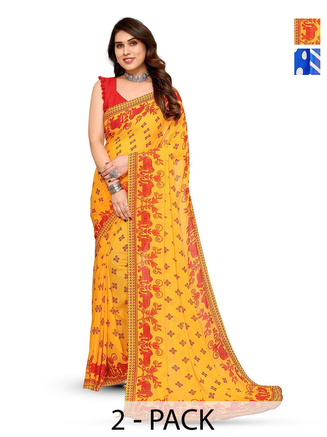 

ANAND SAREES Selection Of 2 Ethnic Motifs Printed Sarees, Yellow