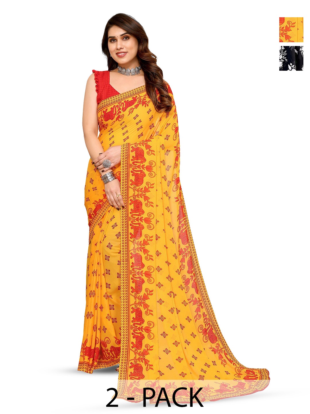 

ANAND SAREES Selection Of 2 Printed Sarees, Yellow