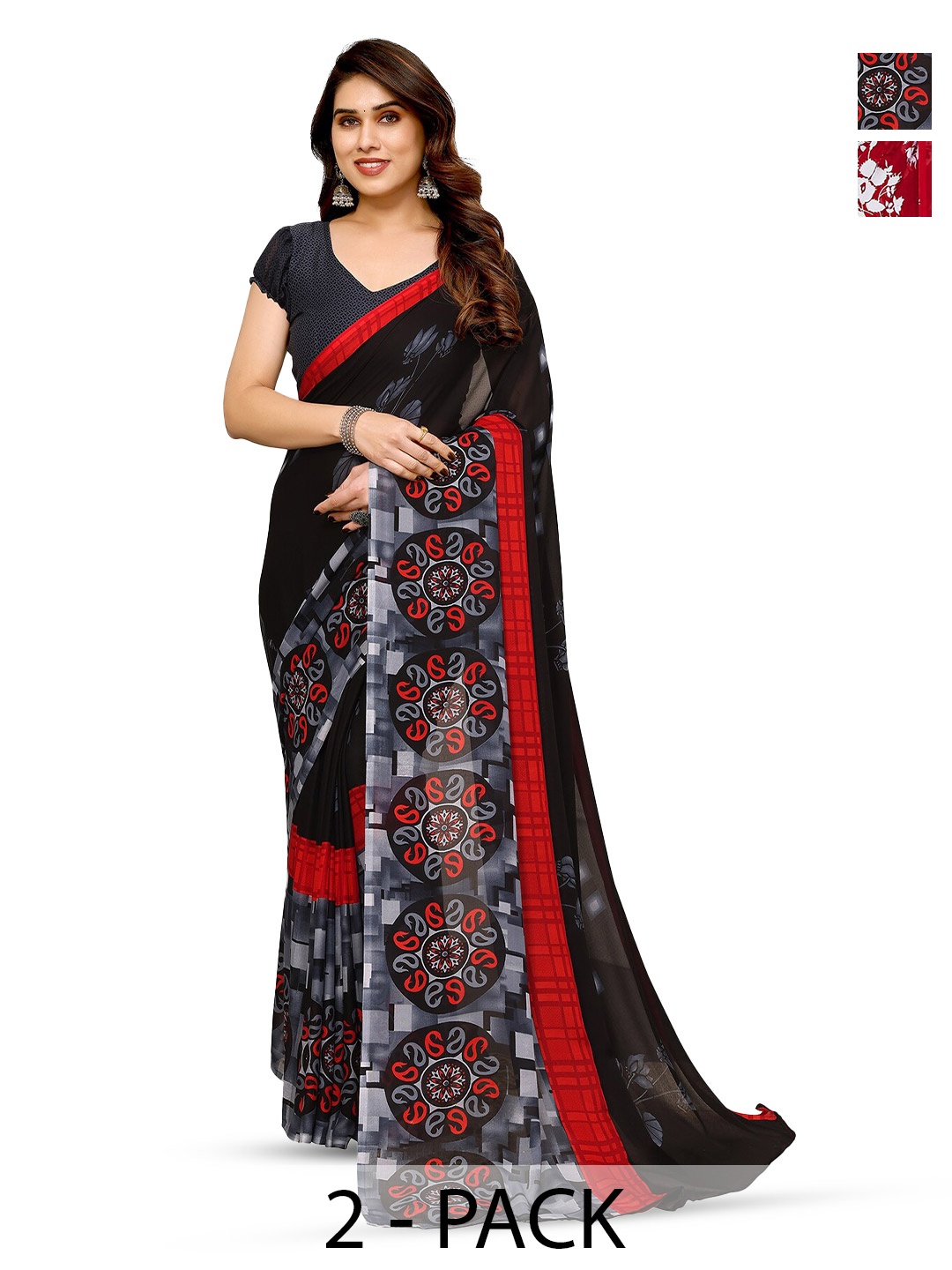 

ANAND SAREES Selection Of 2 Floral Printed Sarees, Red
