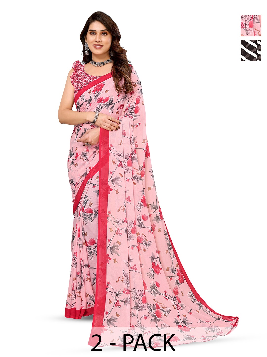 

ANAND SAREES Selection Of 2 Floral Printed Saree, Pink