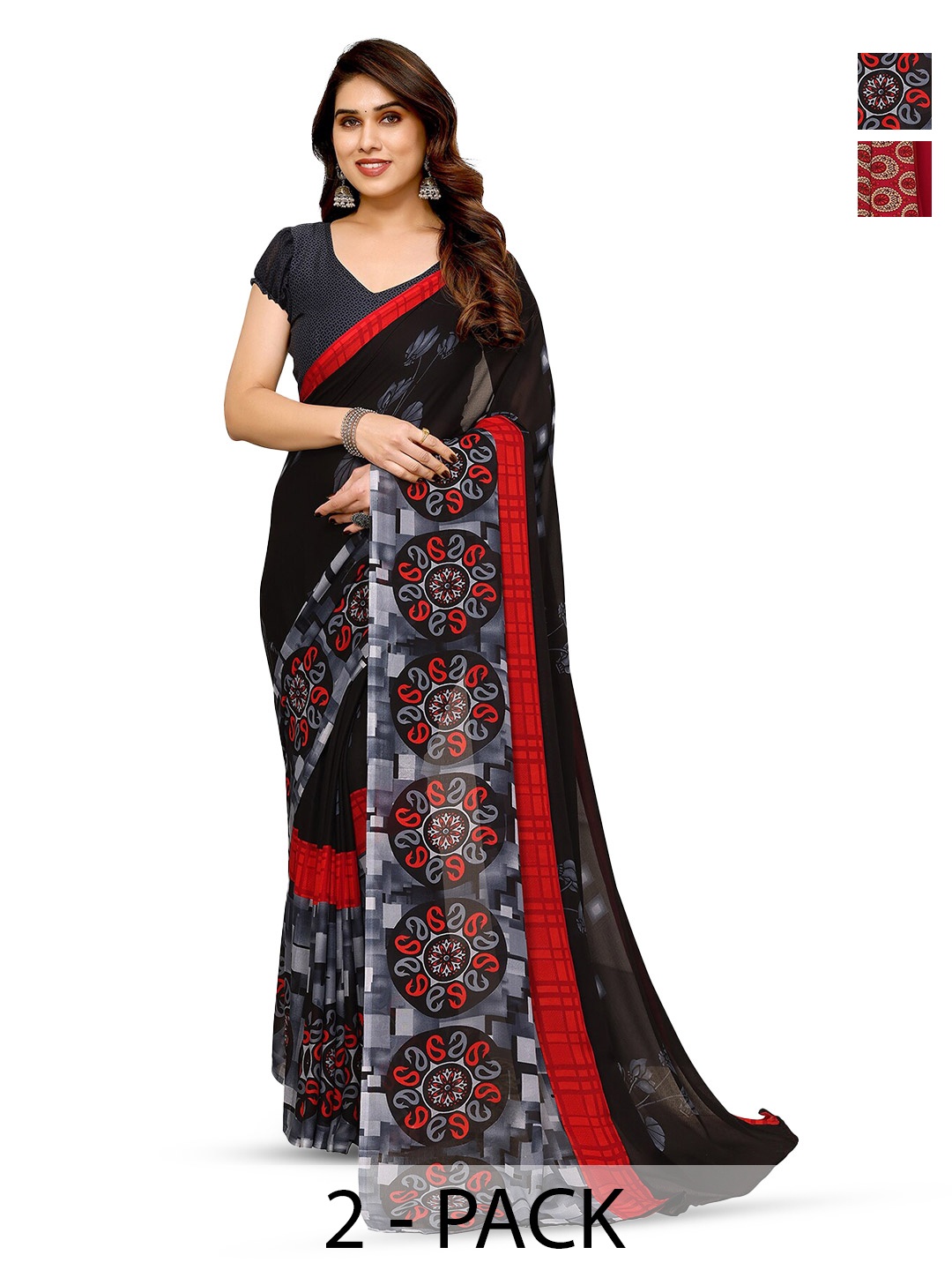

ANAND SAREES Selection Of 2 Floral Printed Sarees, Black