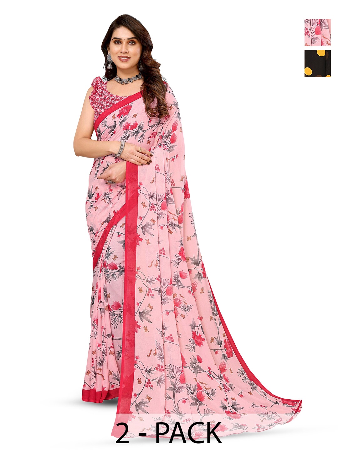 

ANAND SAREES Selection Of 2 Floral Printed Sarees, Pink