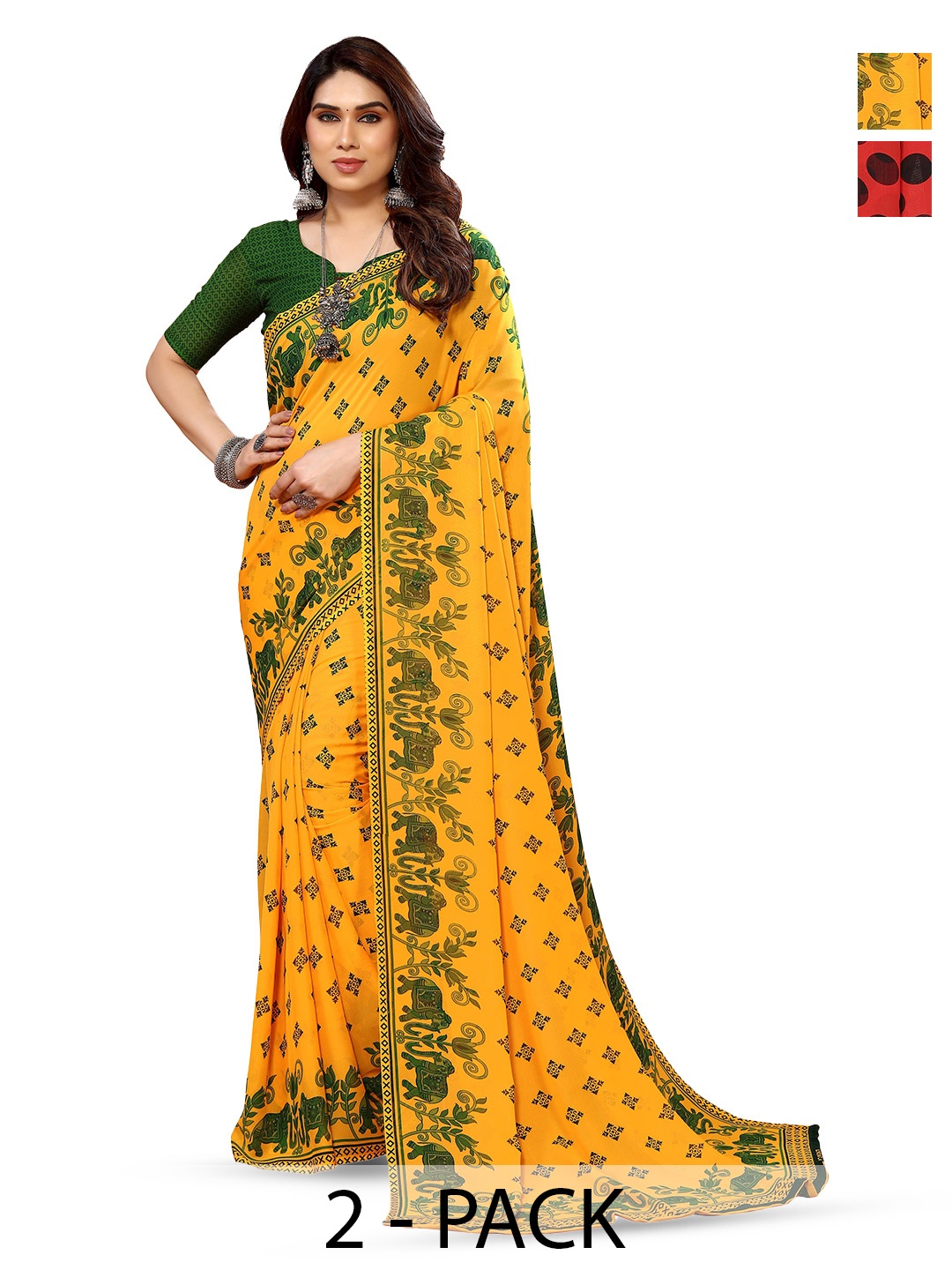 

ANAND SAREES Selection Of 2 Ethnic Motifs Poly Georgette Saree, Green