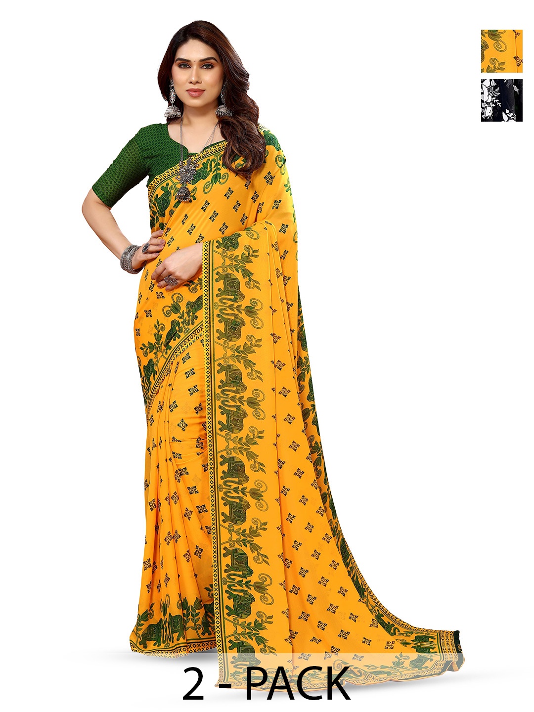 

ANAND SAREES Selection of 2 Ethnic Motifs Printed Sarees, Black