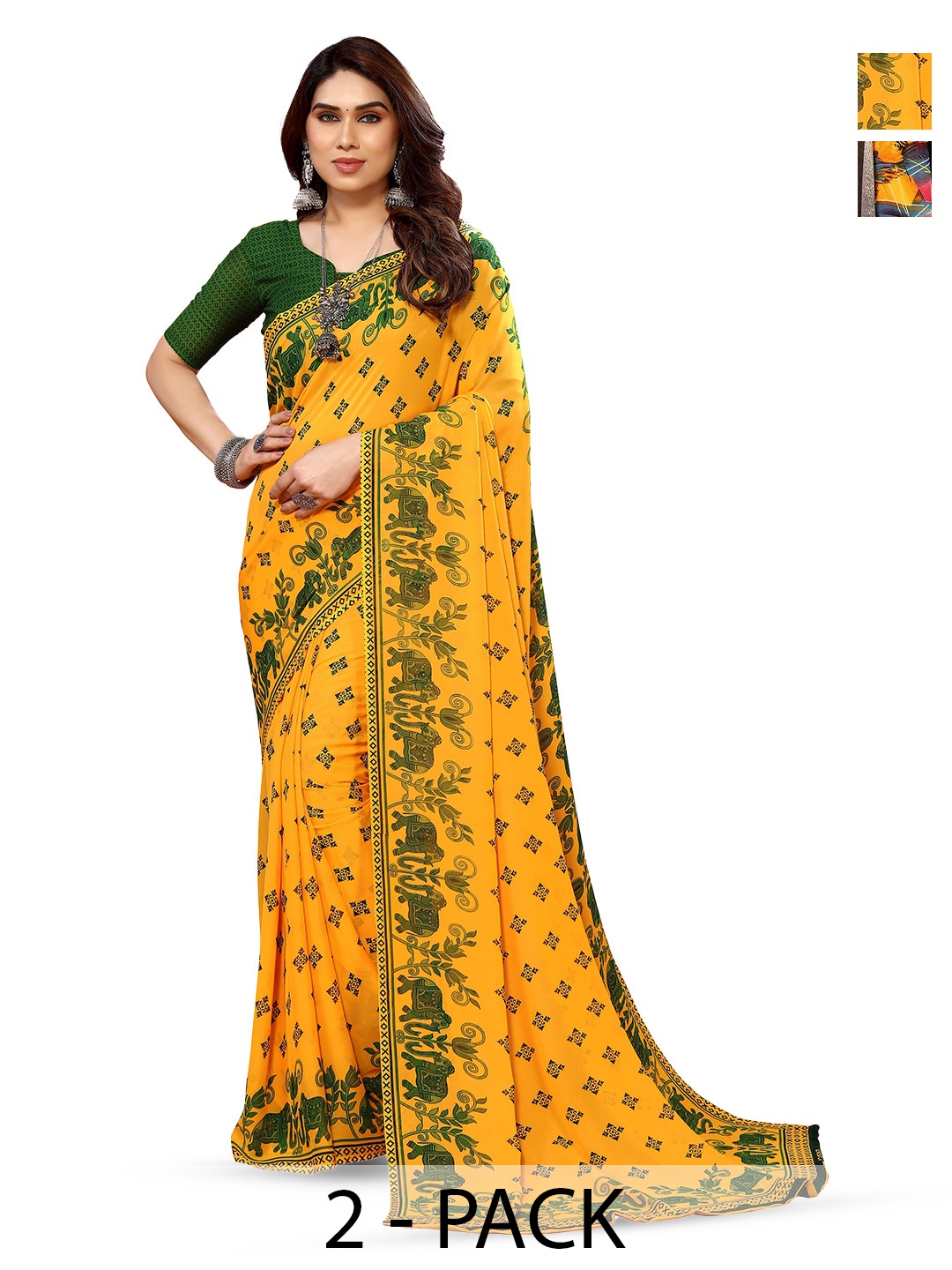 

ANAND SAREES Selection Of 2 Ethnic Motifs Printed Sarees, Yellow