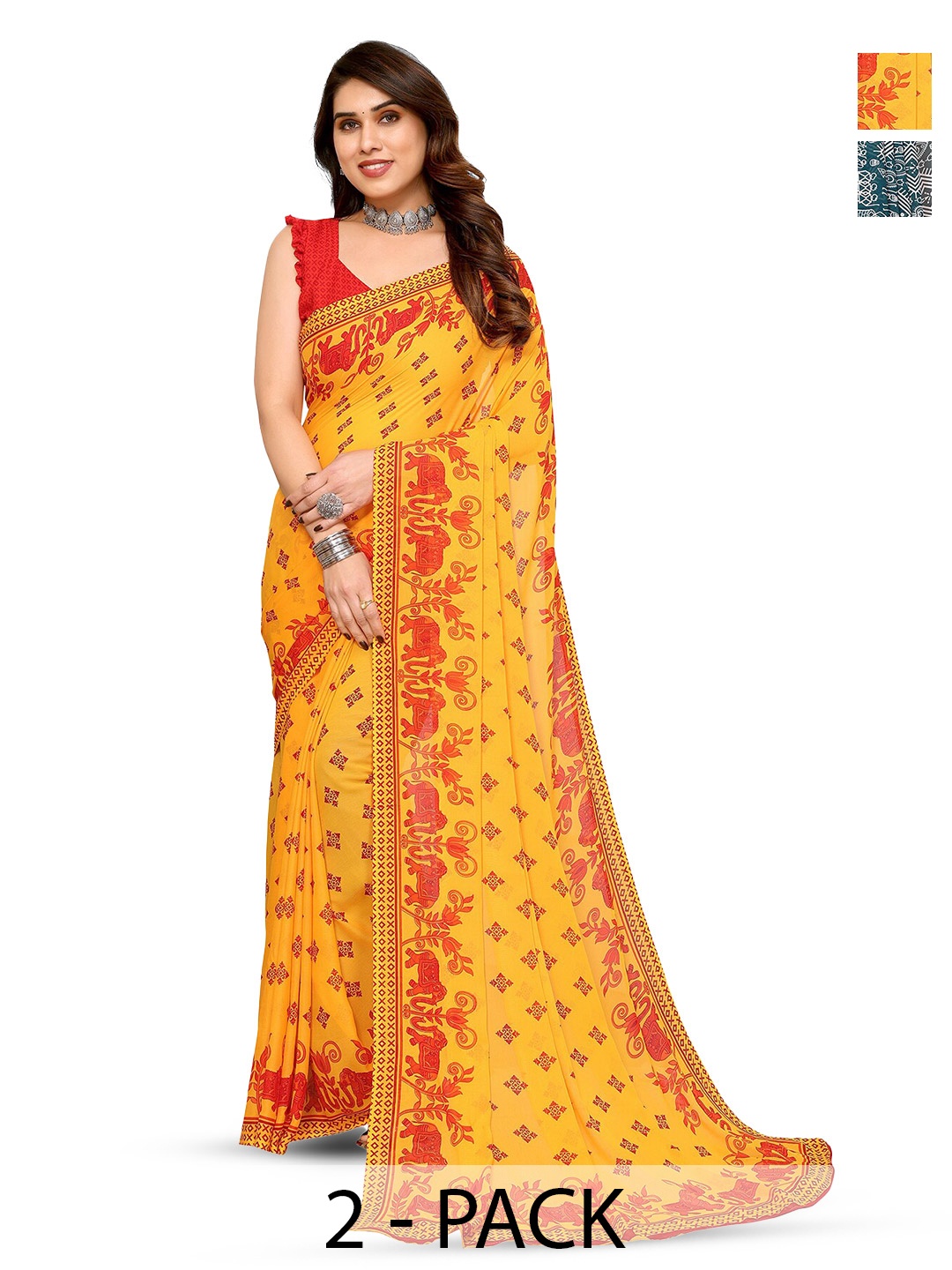 

ANAND SAREES Selection Of 2 Ethnic Motifs Printed Saree, Teal