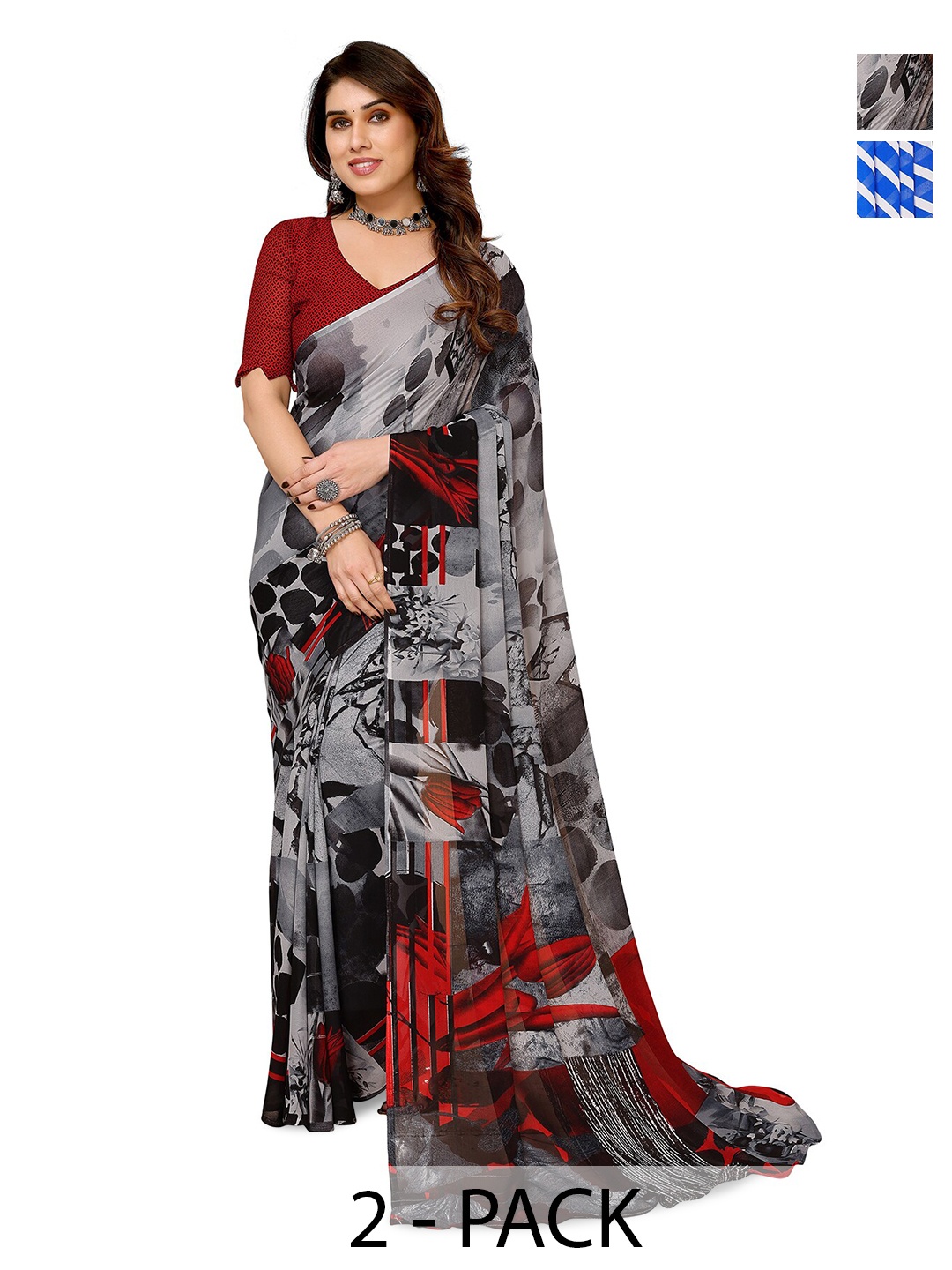 

ANAND SAREES Selection Of 2 Printed Sarees, Blue