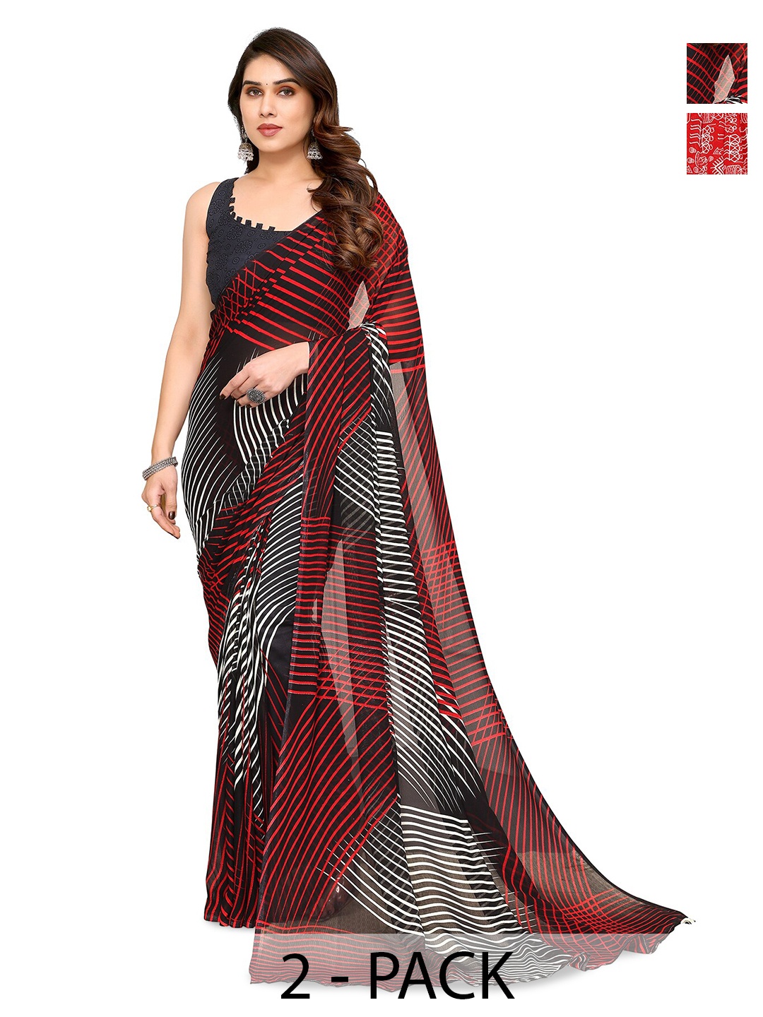 

ANAND SAREES Selection Of 2 Printed Sarees, Black