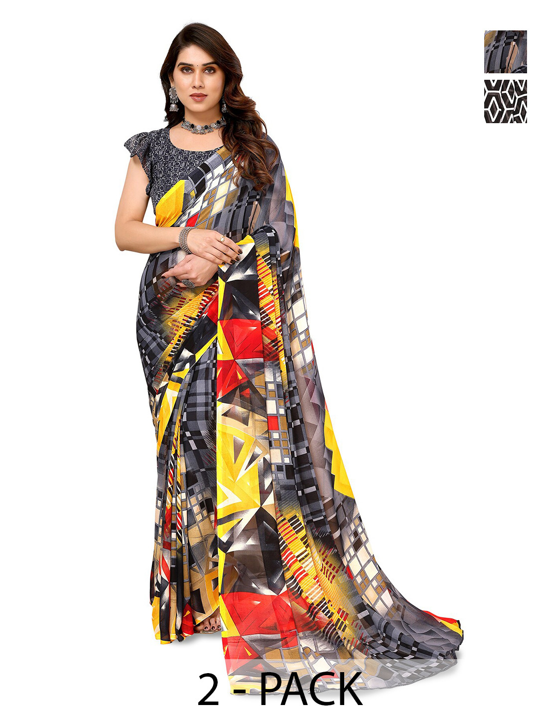

ANAND SAREES Selection Of 2 Geometric Printed Sarees, Grey