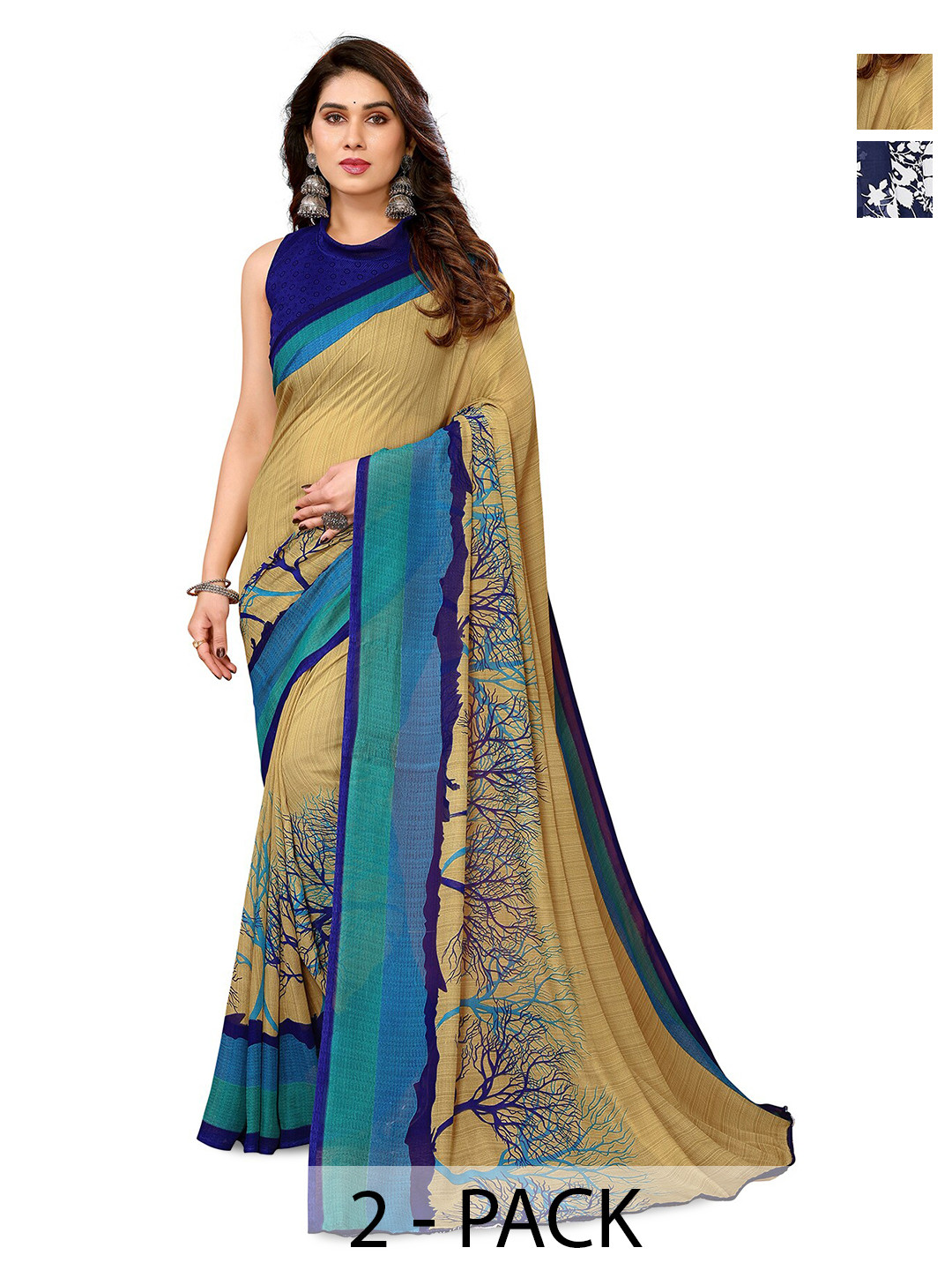 

ANAND SAREES Selection Of 2 Floral Printed Sarees, Navy blue