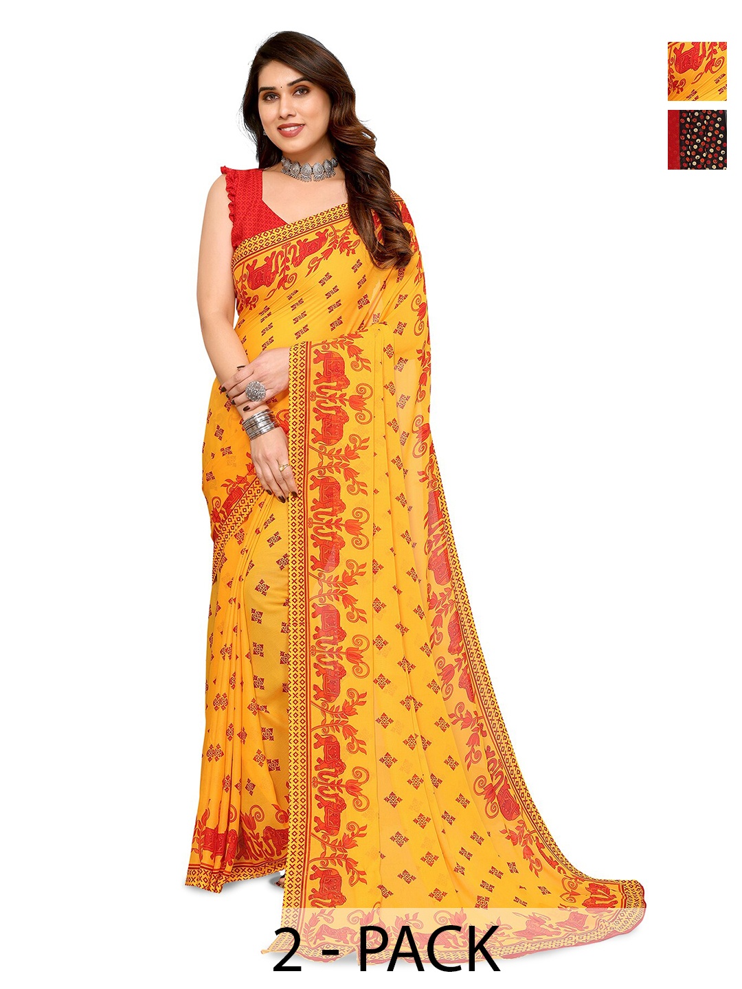 

ANAND SAREES Selection Of 2 Ethnic Motifs Printed Sarees, Yellow