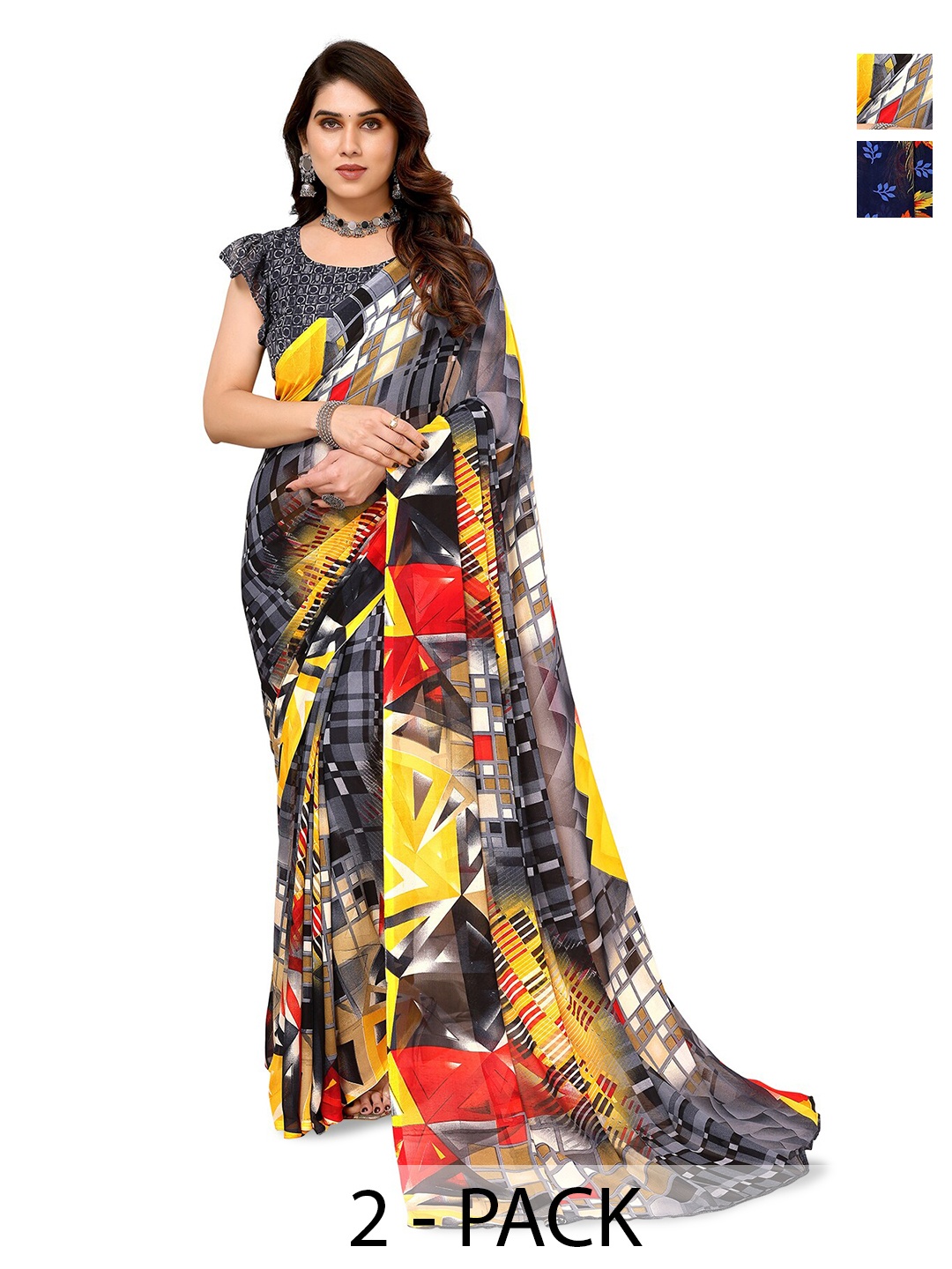 

ANAND SAREES Selection Of 2 Abstract Printed Saree, Blue