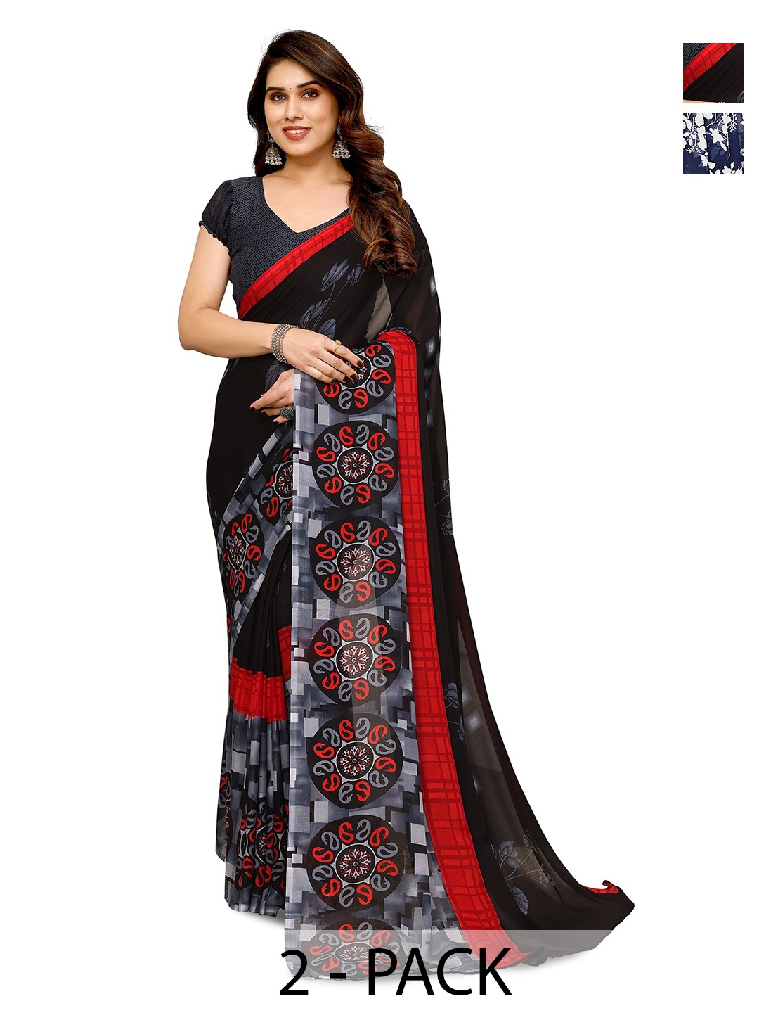 

ANAND SAREES Selection Of 2 Printed Poly Georgette Sarees, Blue