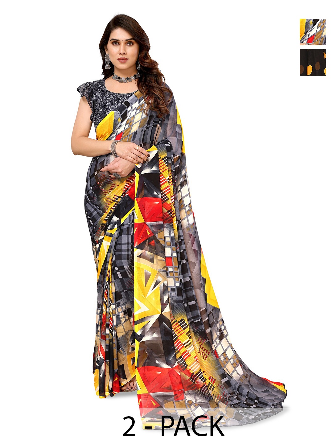 

ANAND SAREES Selection Of 2 Polka Dot Printed Sarees, Black