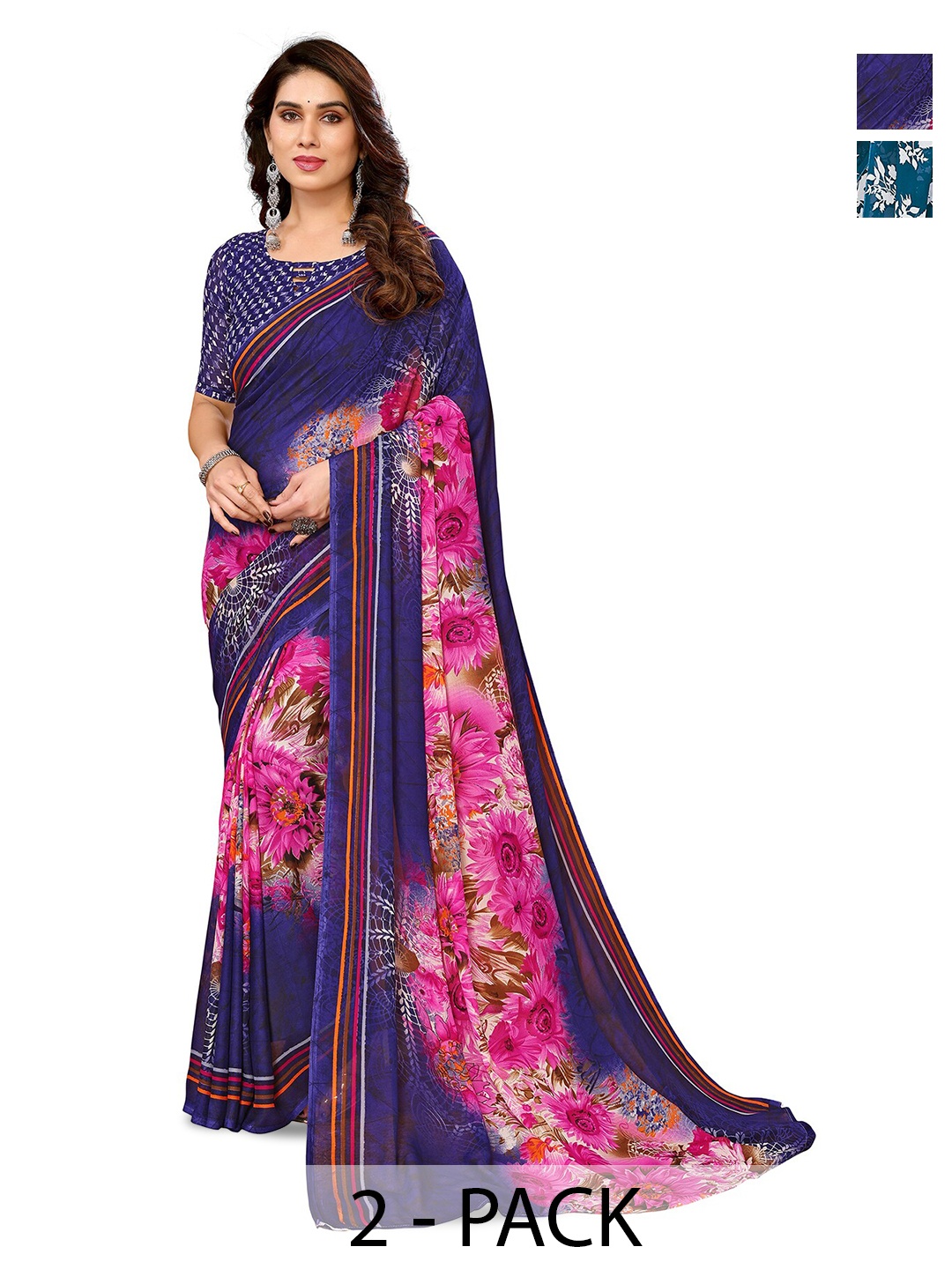 

ANAND SAREES Selection Of 2 Printed Sarees, Teal
