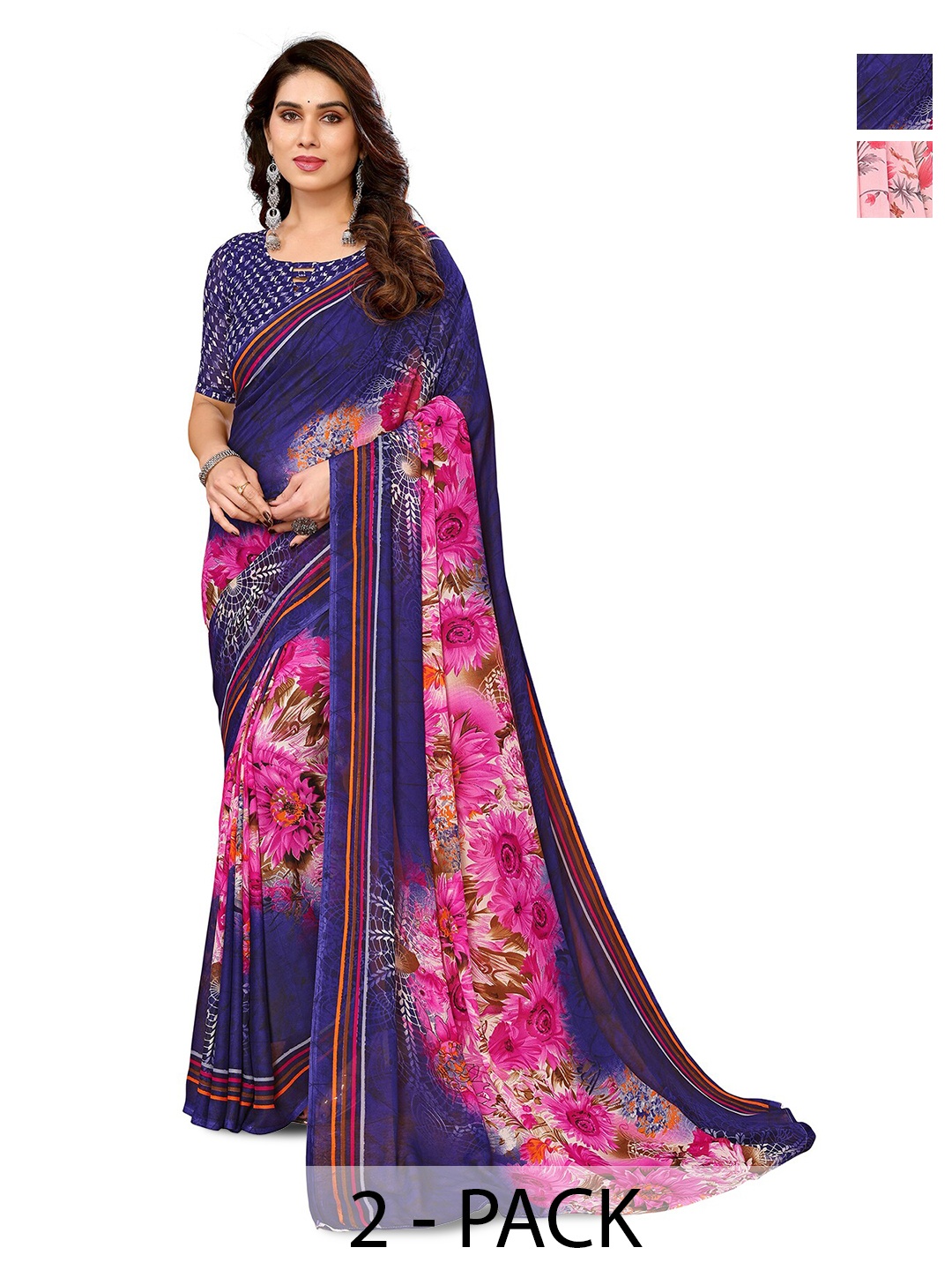 

ANAND SAREES Selection Of 2 Ethnic Motifs Printed Sarees, Pink